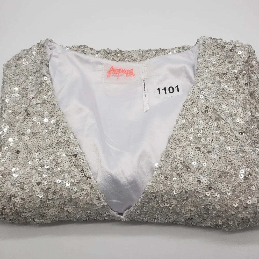 Free People Women US 6 champagne all over sequin dress Party Girl mini side zip - Picture 15 of 15